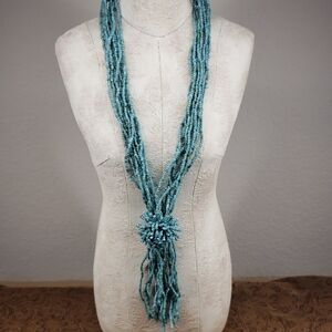 Vintage Western Multi Strand Turquoise Blue Knotted Seed Bead Necklace